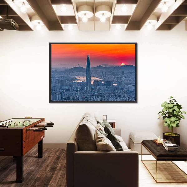 Seoul City Skyline At Sunset Canvas Wall Art-1 Piece-Floating Frame-24" x 16"-Tiaracle