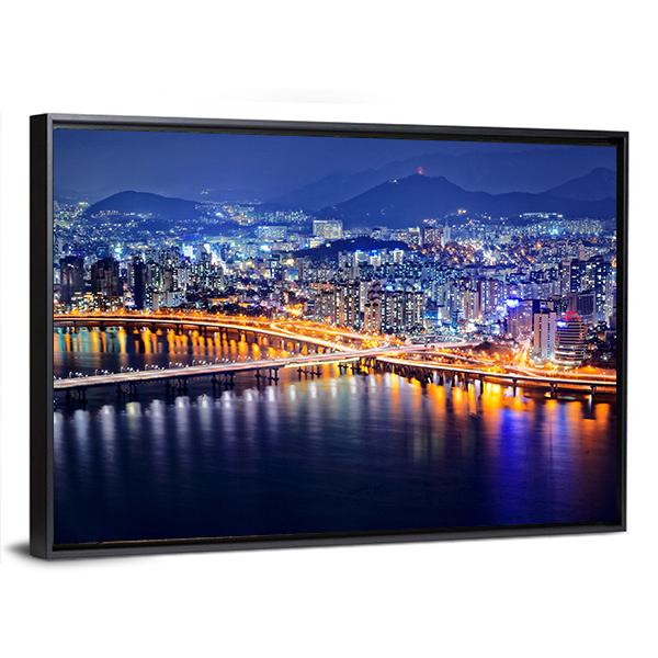 Seoul Tower And Downtown Skyline At Night Canvas Wall Art-3 Horizontal-Gallery Wrap-25" x 16"-Tiaracle