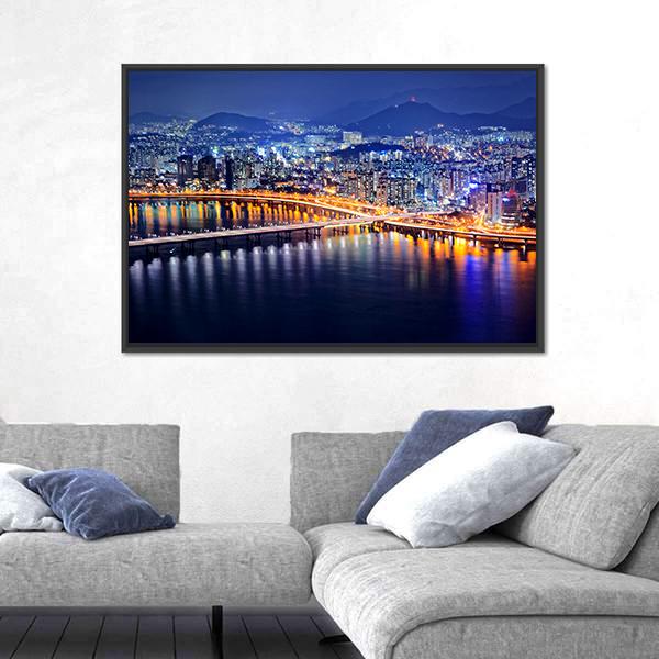 Seoul Tower And Downtown Skyline At Night Canvas Wall Art-3 Horizontal-Gallery Wrap-25" x 16"-Tiaracle