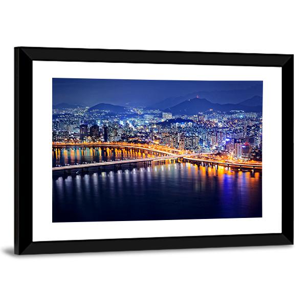 Seoul Tower And Downtown Skyline At Night Canvas Wall Art-3 Horizontal-Gallery Wrap-25" x 16"-Tiaracle