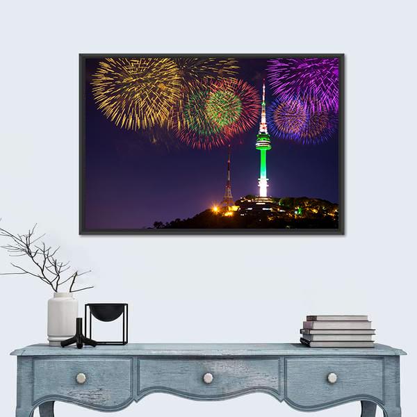Seoul Tower And Firework In Korea Canvas Wall Art-1 Piece-Floating Frame-24" x 16"-Tiaracle