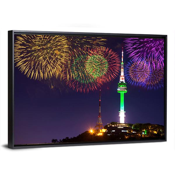 Seoul Tower And Firework In Korea Canvas Wall Art-3 Horizontal-Gallery Wrap-25" x 16"-Tiaracle