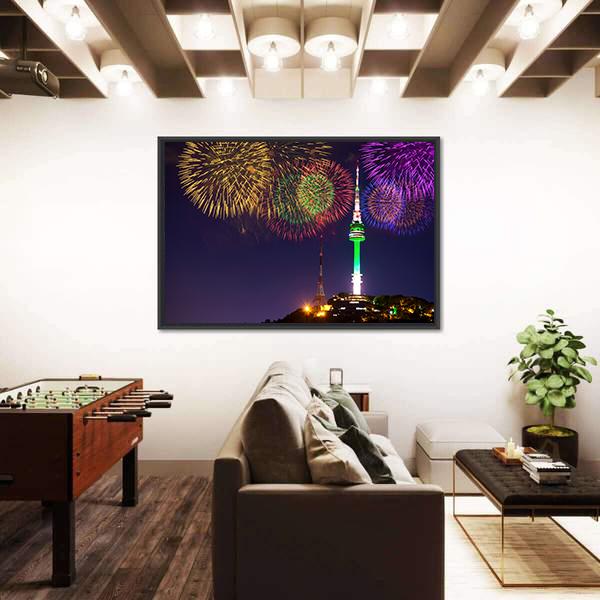 Seoul Tower And Firework In Korea Canvas Wall Art-3 Horizontal-Gallery Wrap-25" x 16"-Tiaracle