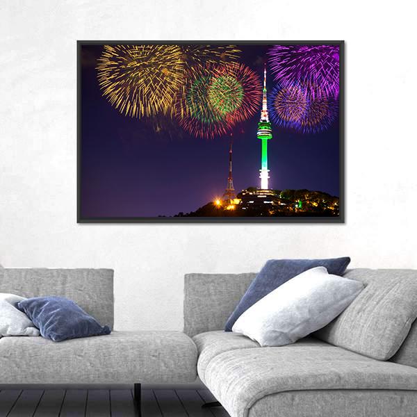 Seoul Tower And Firework In Korea Canvas Wall Art-3 Horizontal-Gallery Wrap-25" x 16"-Tiaracle