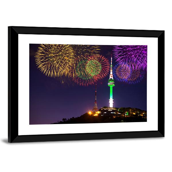Seoul Tower And Firework In Korea Canvas Wall Art-3 Horizontal-Gallery Wrap-25" x 16"-Tiaracle