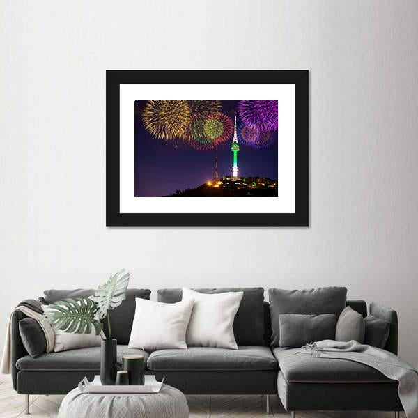 Seoul Tower And Firework In Korea Canvas Wall Art-3 Horizontal-Gallery Wrap-25" x 16"-Tiaracle
