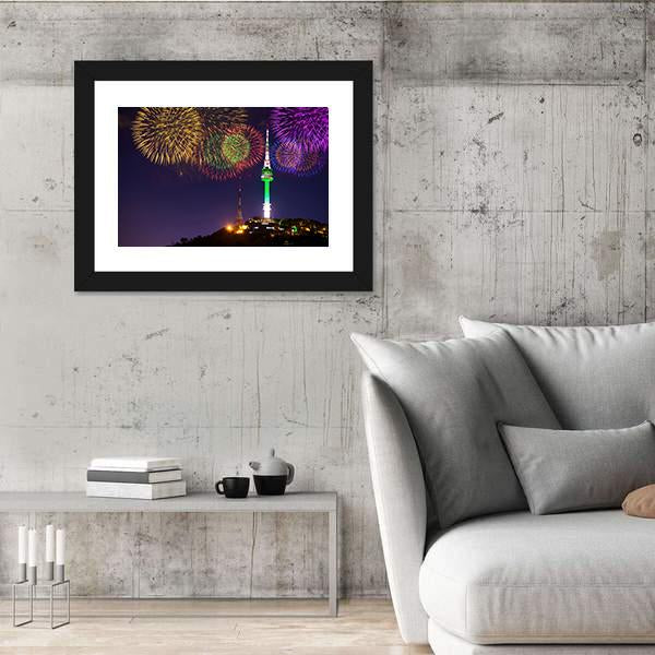 Seoul Tower And Firework In Korea Canvas Wall Art-3 Horizontal-Gallery Wrap-25" x 16"-Tiaracle