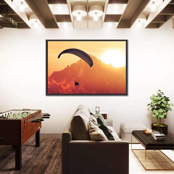Sepia Paraglide Silhouette Over Alps Peaks Canvas Wall Art-1 Piece-Floating Frame-24" x 16"-Tiaracle