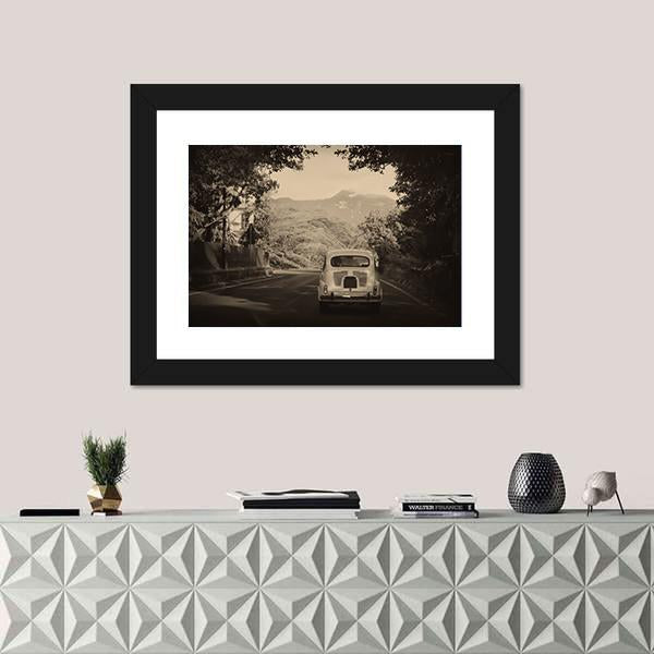 Sepia Photo Of A Retro car Going To Mountains Canvas Wall Art-1 Piece-Framed Print-20" x 16"-Tiaracle