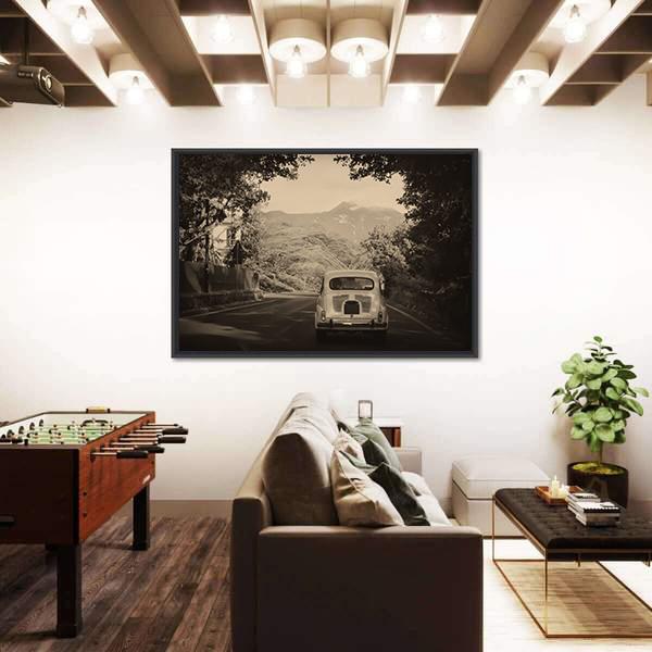 Sepia Photo Of A Retro car Going To Mountains Canvas Wall Art-3 Horizontal-Gallery Wrap-25" x 16"-Tiaracle