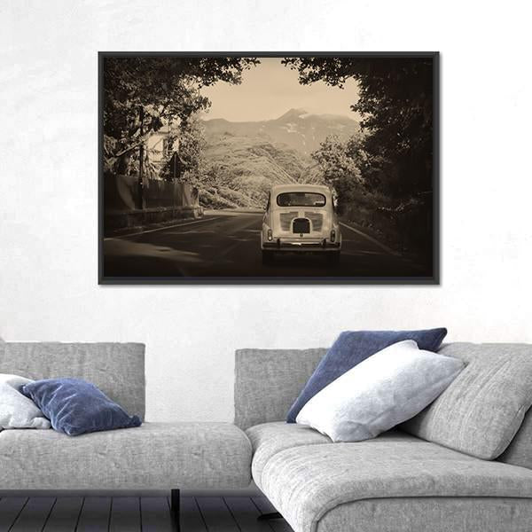 Sepia Photo Of A Retro car Going To Mountains Canvas Wall Art-3 Horizontal-Gallery Wrap-25" x 16"-Tiaracle