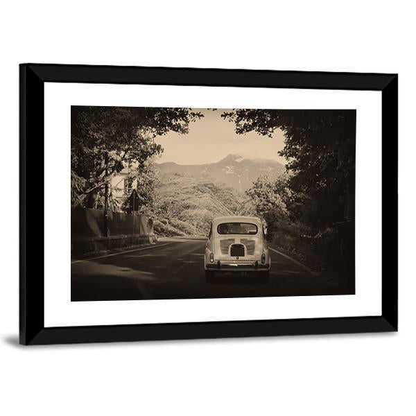 Sepia Photo Of A Retro car Going To Mountains Canvas Wall Art-3 Horizontal-Gallery Wrap-25" x 16"-Tiaracle