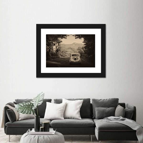 Sepia Photo Of A Retro car Going To Mountains Canvas Wall Art-3 Horizontal-Gallery Wrap-25" x 16"-Tiaracle