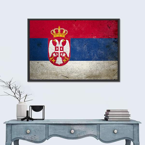 Serbian Flag on Grunge Texture Canvas Wall Art in white, red and blue, framed canvas, product view on a white background