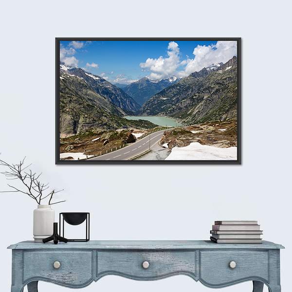 Serpentine Road In Swiss Alps Canvas Wall Art-1 Piece-Floating Frame-24" x 16"-Tiaracle