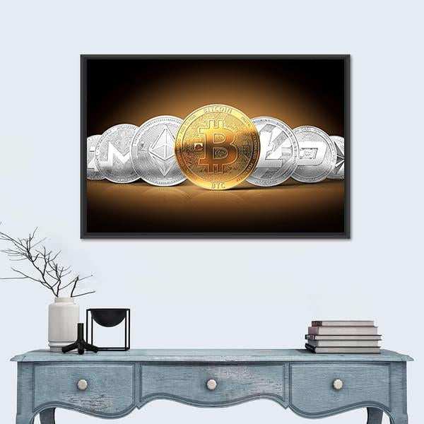 Set Of Cryptocurrencies Canvas Wall Art-1 Piece-Floating Frame-24" x 16"-Tiaracle