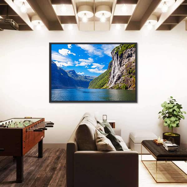 Seven Sisters Waterfall In Norway Canvas Wall Art-1 Piece-Floating Frame-24" x 16"-Tiaracle