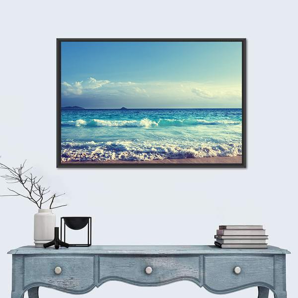 Seychelles Beach In Sunset Time Canvas Wall Art-1 Piece-Floating Frame-24" x 16"-Tiaracle