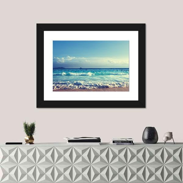 Seychelles Beach In Sunset Time Canvas Wall Art-1 Piece-Framed Print-20" x 16"-Tiaracle