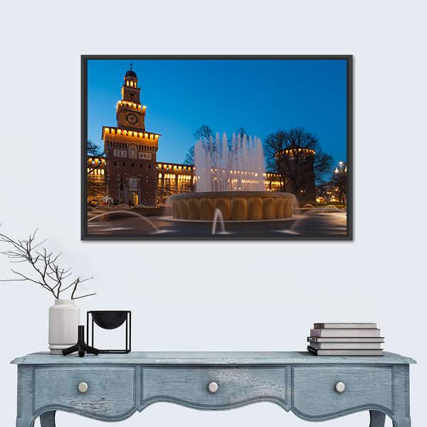Sforzesco Castle By Night In Milan Canvas Wall Art-5 Horizontal-Gallery Wrap-22" x 12"-Tiaracle
