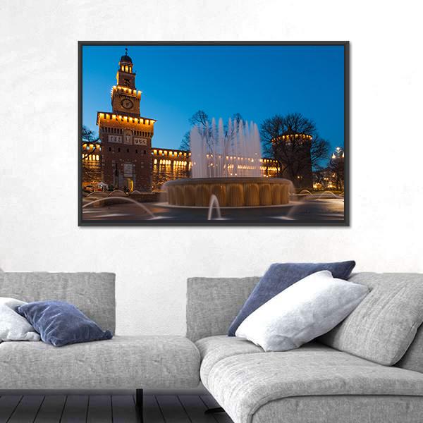 Sforzesco Castle By Night In Milan Canvas Wall Art-5 Horizontal-Gallery Wrap-22" x 12"-Tiaracle