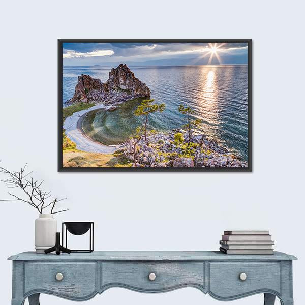 Shaman Rock And Lake Baikal Russia Canvas Wall Art-1 Piece-Floating Frame-36" x 24"-Tiaracle