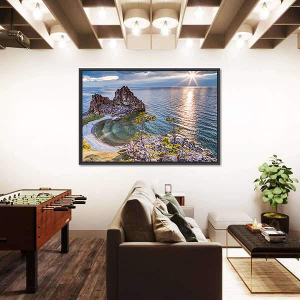 Shaman Rock And Lake Baikal Russia Canvas Wall Art-5 Horizontal-Gallery Wrap-22" x 12"-Tiaracle