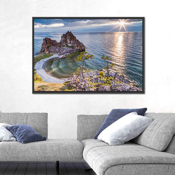 Shaman Rock And Lake Baikal Russia Canvas Wall Art-5 Horizontal-Gallery Wrap-22" x 12"-Tiaracle