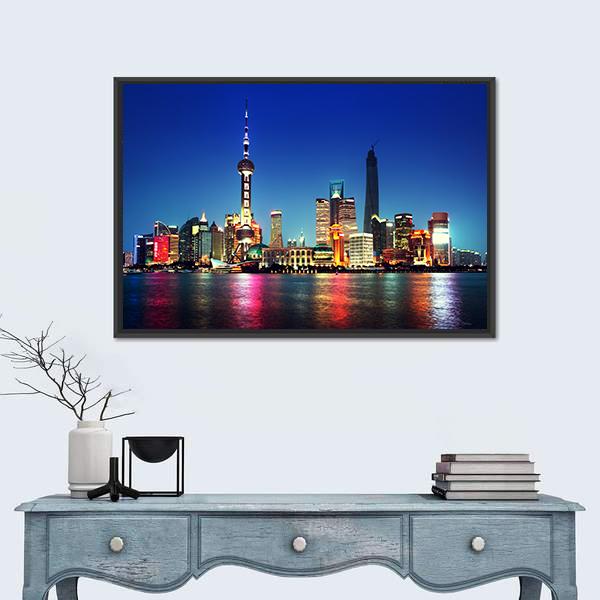 Shanghai At Night China Canvas Wall Art-1 Piece-Floating Frame-36&quot; x 24&quot;-Tiaracle
