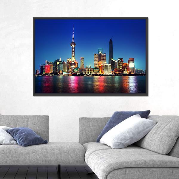 Shanghai At Night China Canvas Wall Art-5 Horizontal-Gallery Wrap-22" x 12"-Tiaracle