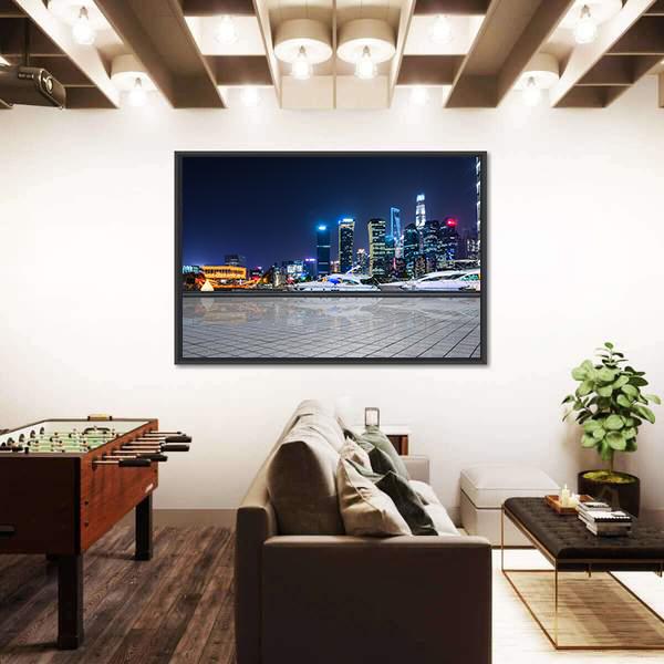 Shanghai At Night In China Canvas Wall Art-3 Horizontal-Gallery Wrap-25" x 16"-Tiaracle
