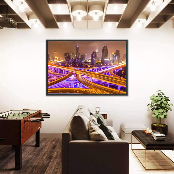 Shanghai Elevated Road Junction And Interchange Overpass At Night Canvas Wall Art-1 Piece-Floating Frame-24" x 16"-Tiaracle