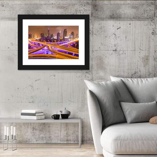 Shanghai Elevated Road Junction And Interchange Overpass At Night Canvas Wall Art-5 Horizontal-Gallery Wrap-22" x 12"-Tiaracle