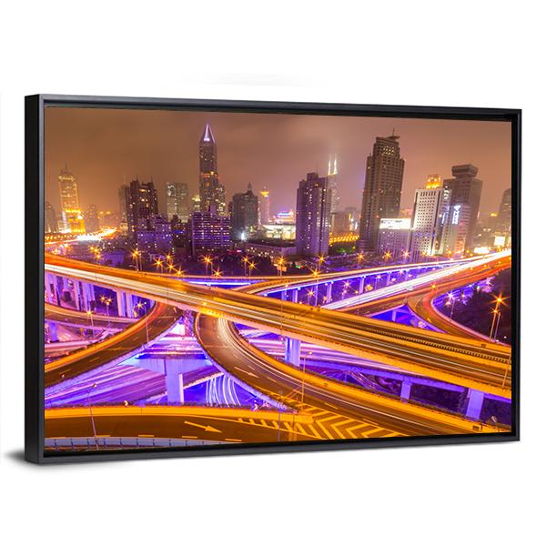 Shanghai Elevated Road Junction And Interchange Overpass At Night Canvas Wall Art-5 Horizontal-Gallery Wrap-22" x 12"-Tiaracle