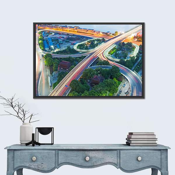 Shanghai Interchange Overpass In Nightfall Canvas Wall Art-1 Piece-Floating Frame-24" x 16"-Tiaracle