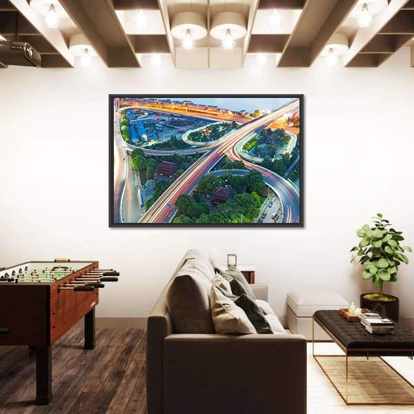Shanghai Interchange Overpass In Nightfall Canvas Wall Art-1 Piece-Floating Frame-36" x 24"-Tiaracle