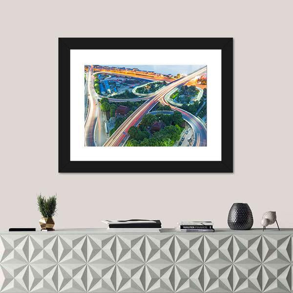 Shanghai Interchange Overpass In Nightfall Canvas Wall Art-1 Piece-Framed Print-20" x 16"-Tiaracle