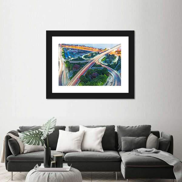 Shanghai Interchange Overpass In Nightfall Canvas Wall Art-1 Piece-Framed Print-42&quot; x 14&quot;-Tiaracle