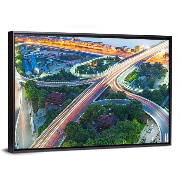 Shanghai Interchange Overpass In Nightfall Canvas Wall Art-3 Horizontal-Gallery Wrap-25" x 16"-Tiaracle