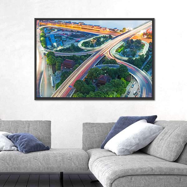 Shanghai Interchange Overpass In Nightfall Canvas Wall Art-5 Horizontal-Gallery Wrap-22&quot; x 12&quot;-Tiaracle