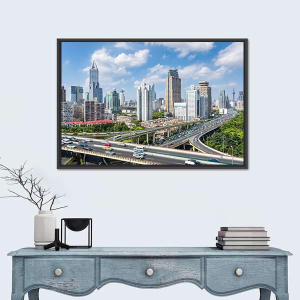 Shanghai Modern City Skyline Canvas Wall Art-1 Piece-Floating Frame-24&quot; x 16&quot;-Tiaracle