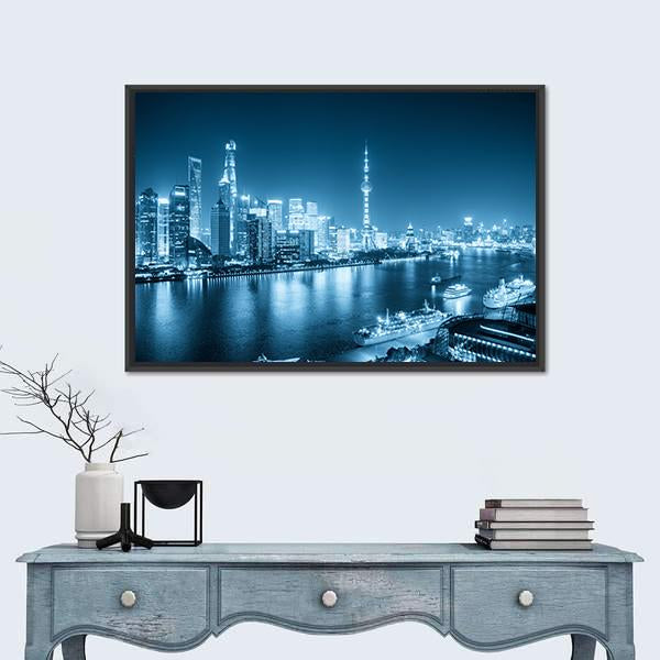 Shanghai Night Scene Canvas Wall Art-5 Horizontal-Gallery Wrap-22" x 12"-Tiaracle
