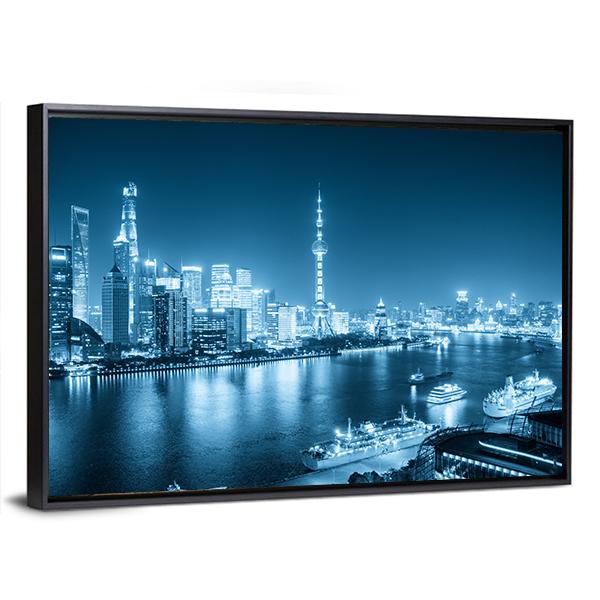 Shanghai Night Scene Canvas Wall Art-5 Horizontal-Gallery Wrap-22" x 12"-Tiaracle