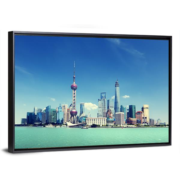 Shanghai Skyline And Sunny Day Canvas Wall Art-3 Horizontal-Gallery Wrap-25" x 16"-Tiaracle