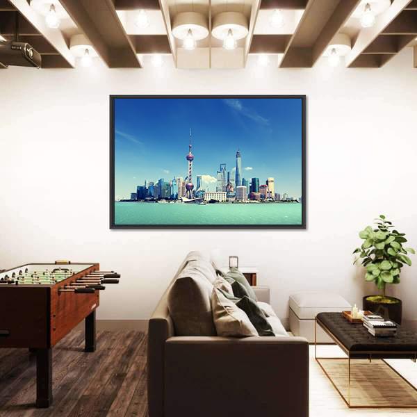 Shanghai Skyline And Sunny Day Canvas Wall Art-3 Horizontal-Gallery Wrap-25" x 16"-Tiaracle