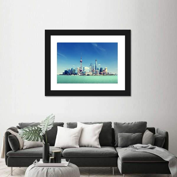 Shanghai Skyline And Sunny Day Canvas Wall Art-3 Horizontal-Gallery Wrap-25" x 16"-Tiaracle