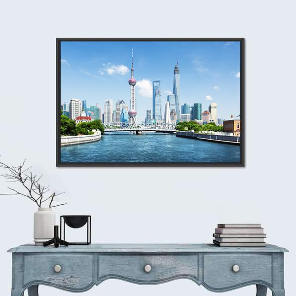 Shanghai Skyline In Sunny Day Canvas Wall Art-1 Piece-Floating Frame-24" x 16"-Tiaracle