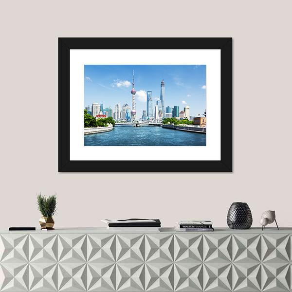 Shanghai Skyline In Sunny Day Canvas Wall Art-1 Piece-Framed Print-20&quot; x 16&quot;-Tiaracle