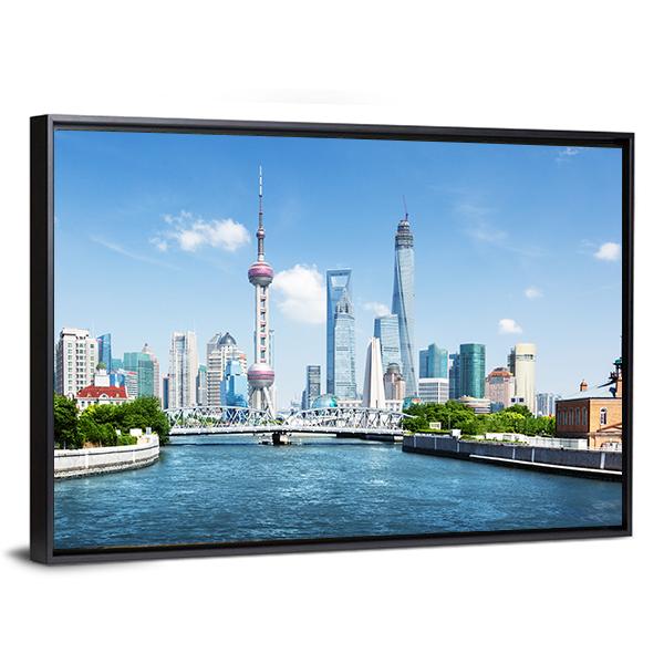 Shanghai Skyline In Sunny Day Canvas Wall Art-3 Horizontal-Gallery Wrap-25" x 16"-Tiaracle