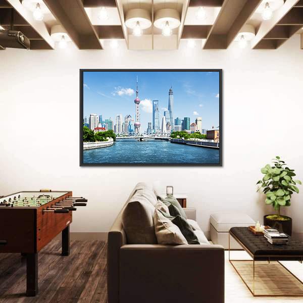 Shanghai Skyline In Sunny Day Canvas Wall Art-3 Horizontal-Gallery Wrap-25" x 16"-Tiaracle